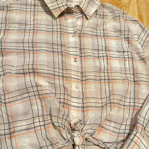 Elizabeth and James Plaid Tan Tie Button Up Women’s Small - Picture 5 of 5
